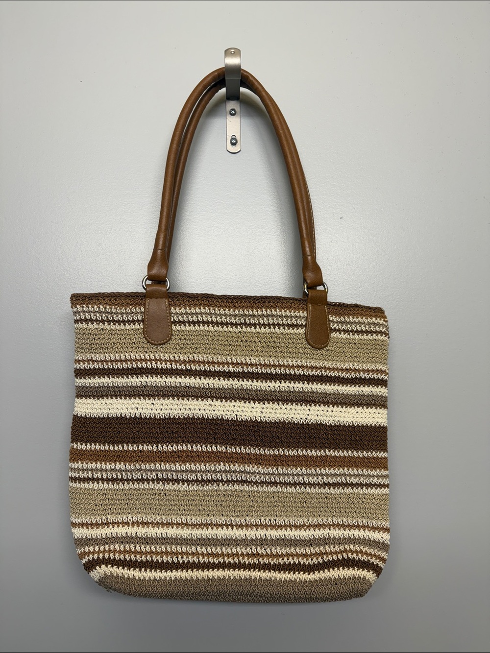 Boho Woven Straw Tote Bag Brown Cream Striped Crochet Beach Shoulder Bag